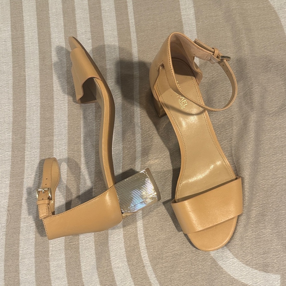 Michael Kors Tan Leather Ankle Strap Heels with Gold Heel